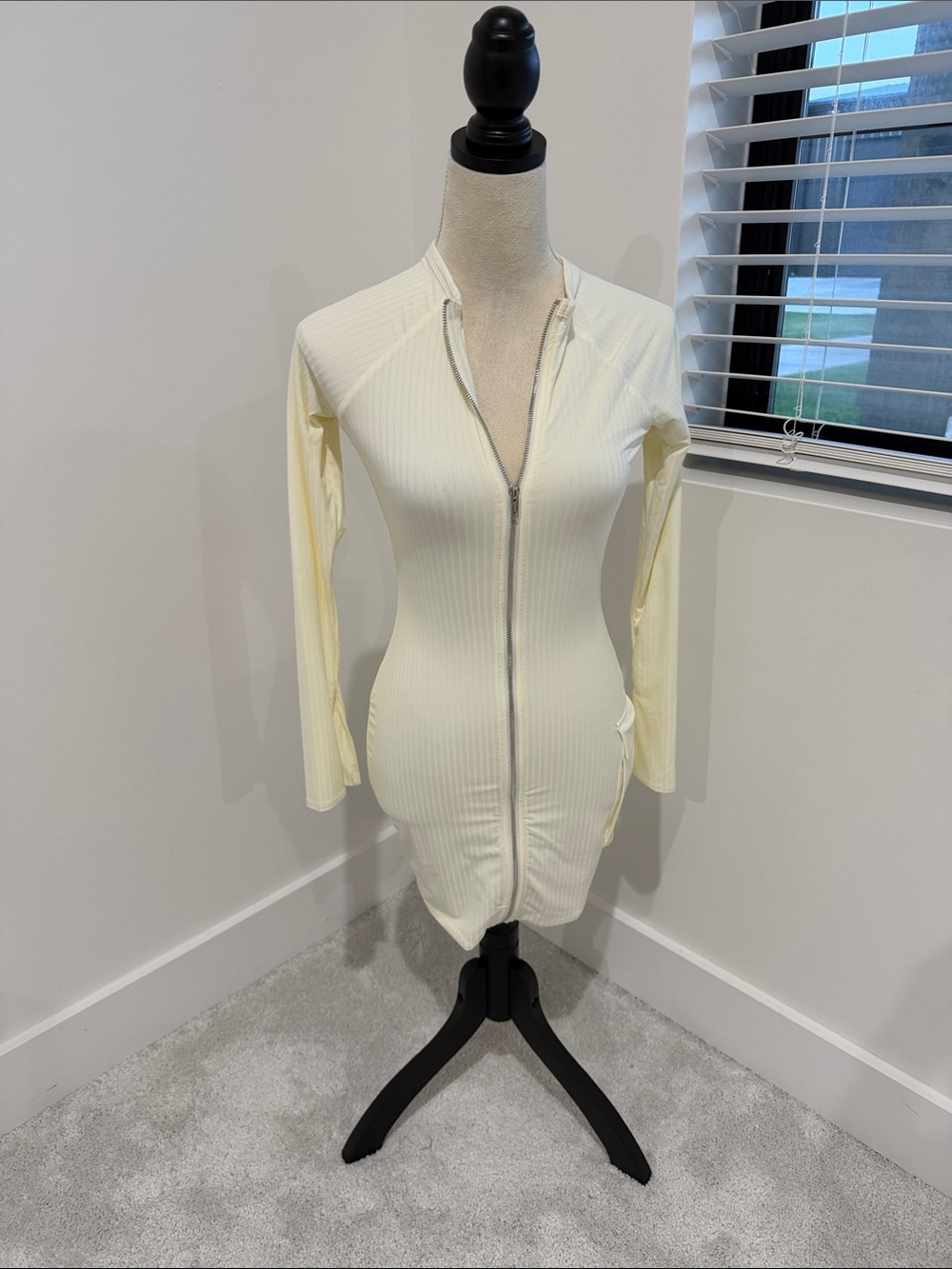 Oh Polly Cream Ribbed Zip-Up Long Sleeve Bodycon Dress
